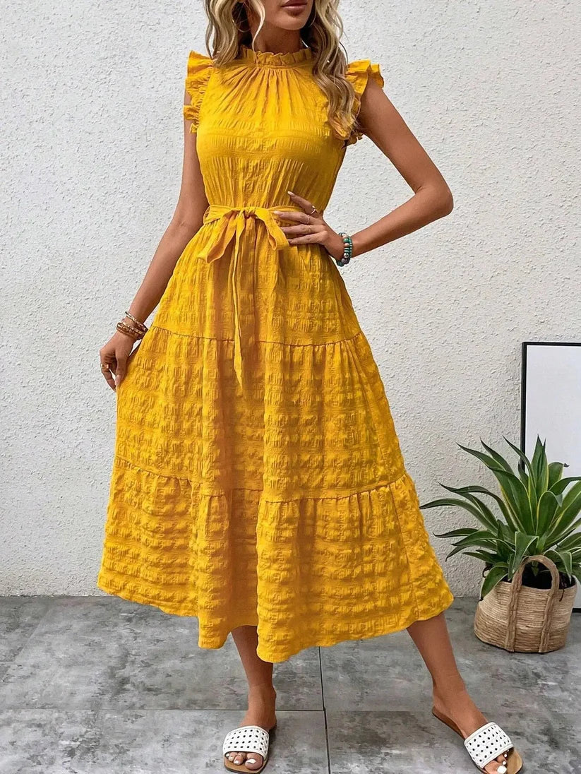Vestido Fiesta con Cinturón y Encaje