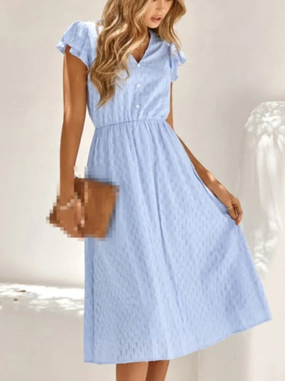 Vestido Midi Elegante Cuello V Manga Ancha
