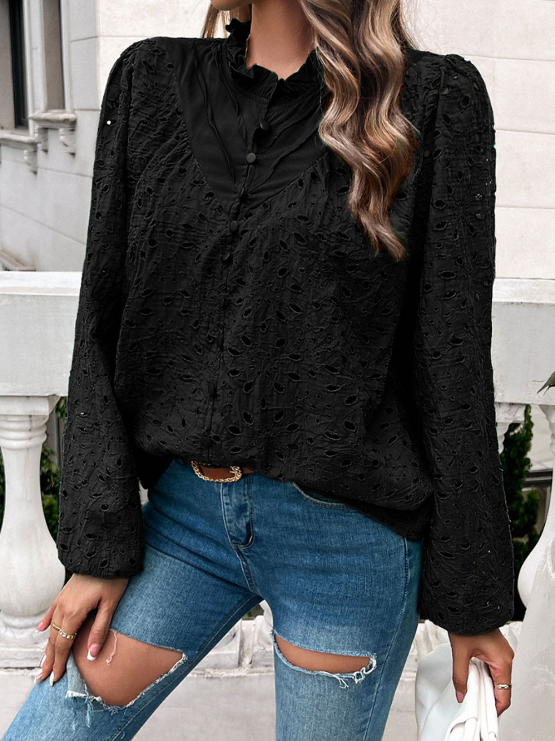 Blusa Mujer Elegante Cuello Redondo Volantada