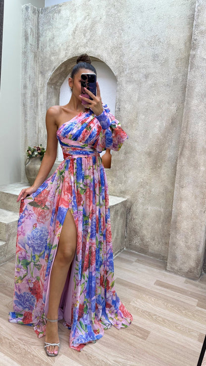 Vestido Largo Floral con Escote Asimétrico