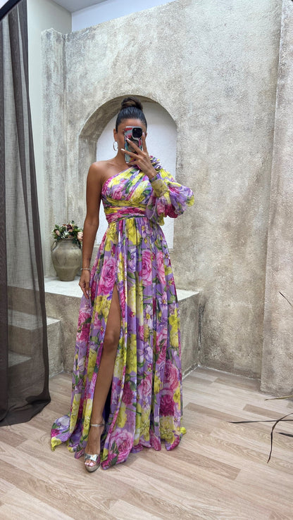 Vestido Largo Floral con Escote Asimétrico