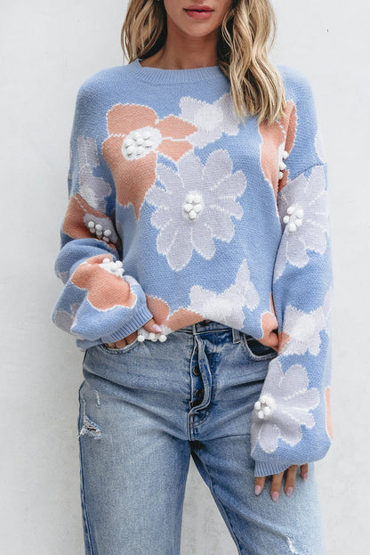Jersey Florado Azul Con Cuello Redondo