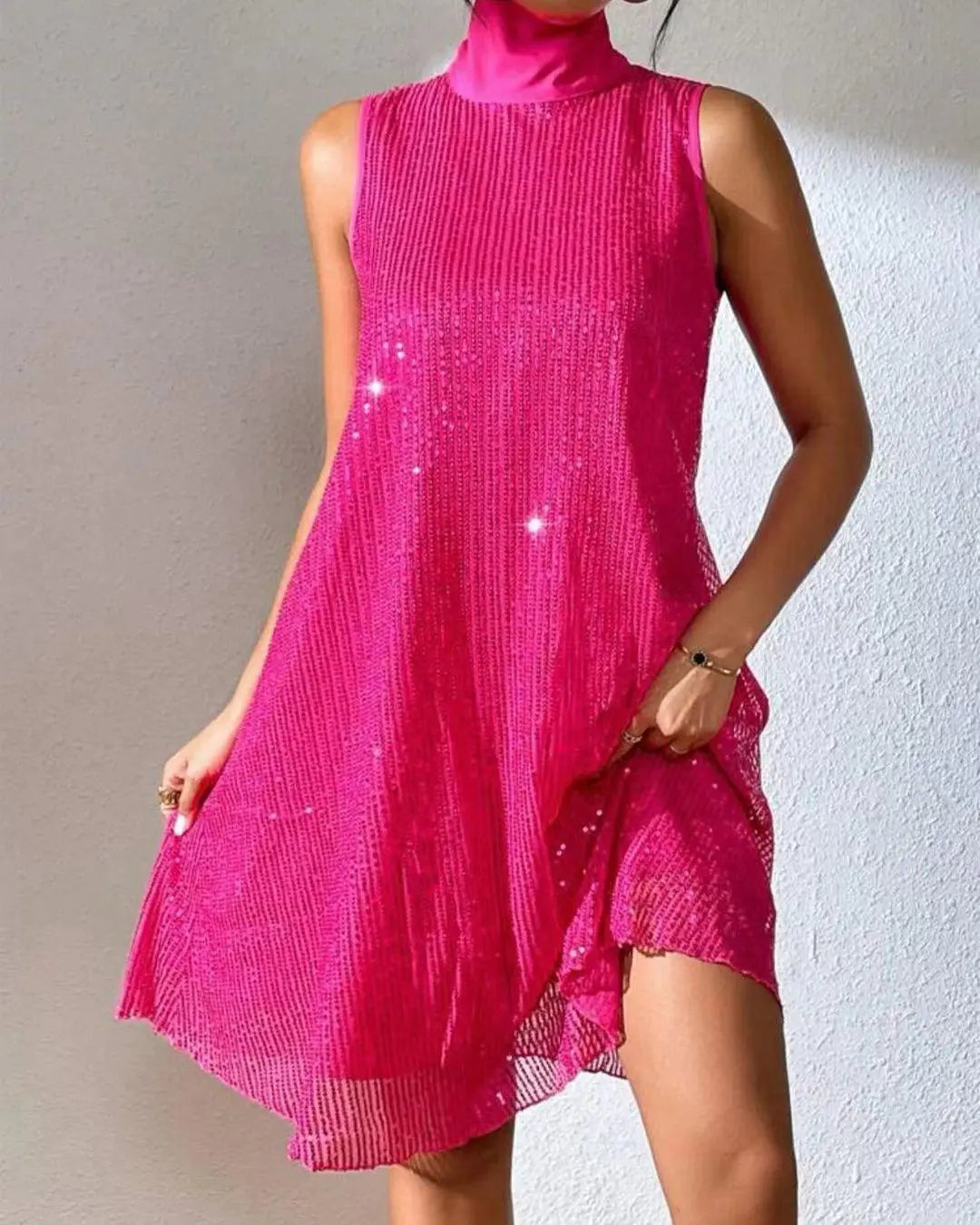 Vestido Mujer Lentejuelas Cuello Alto Glamouroso