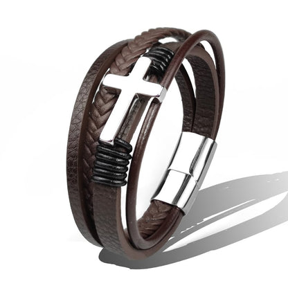Pulsera Hombre Cuero Trenzado con Cruz Metálica