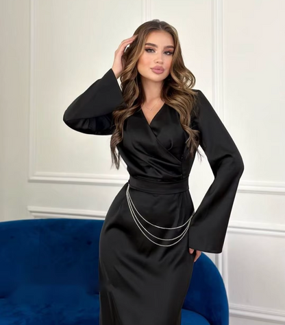 Vestido de Raso Elegante con Mangas Anchas