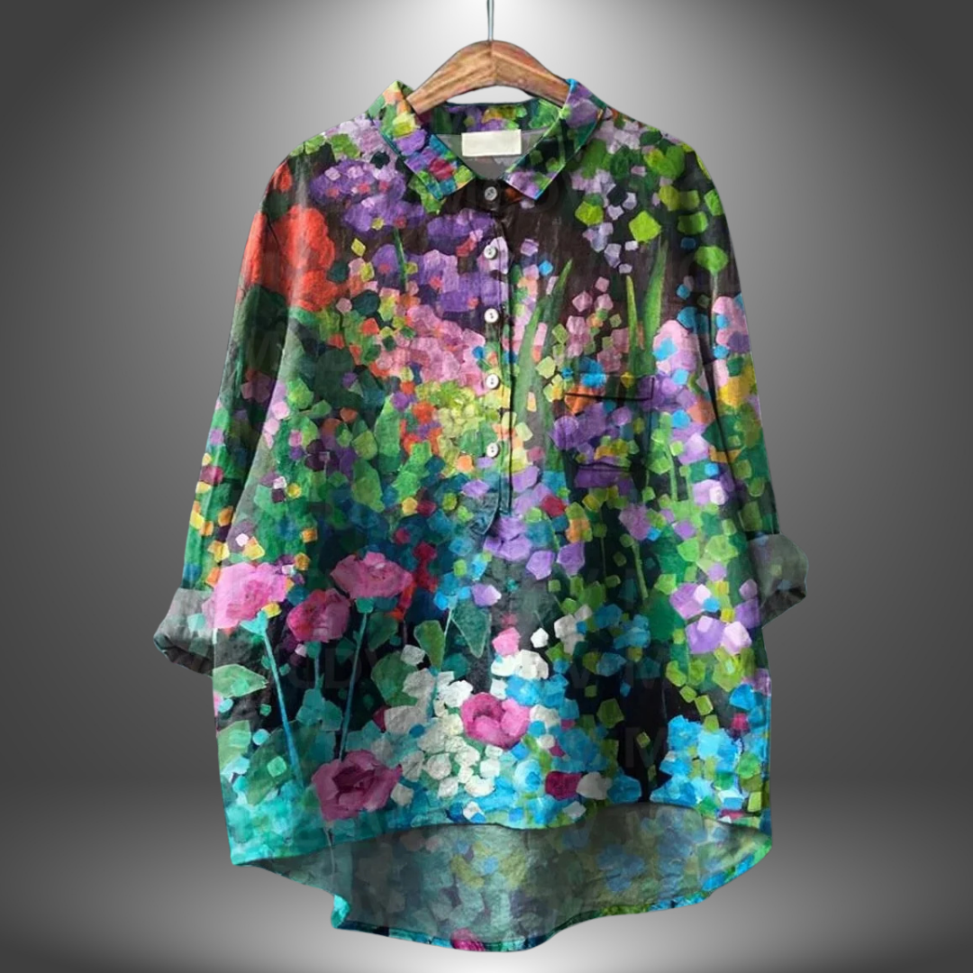 Blusa suelta de mujer estampada colorida cuello redondo - Vestiria