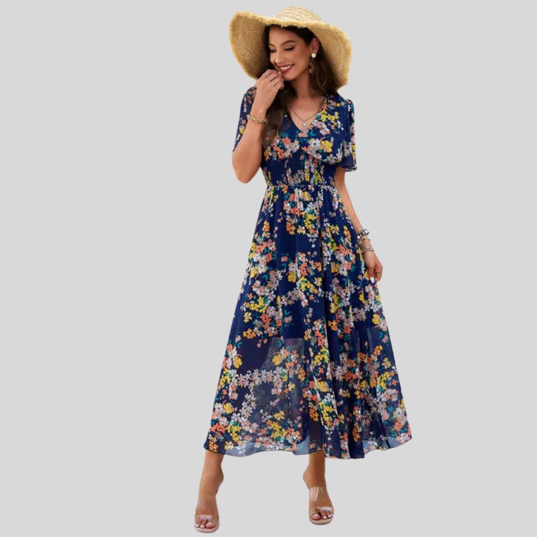 Vestido Floral Midi con Escote en V