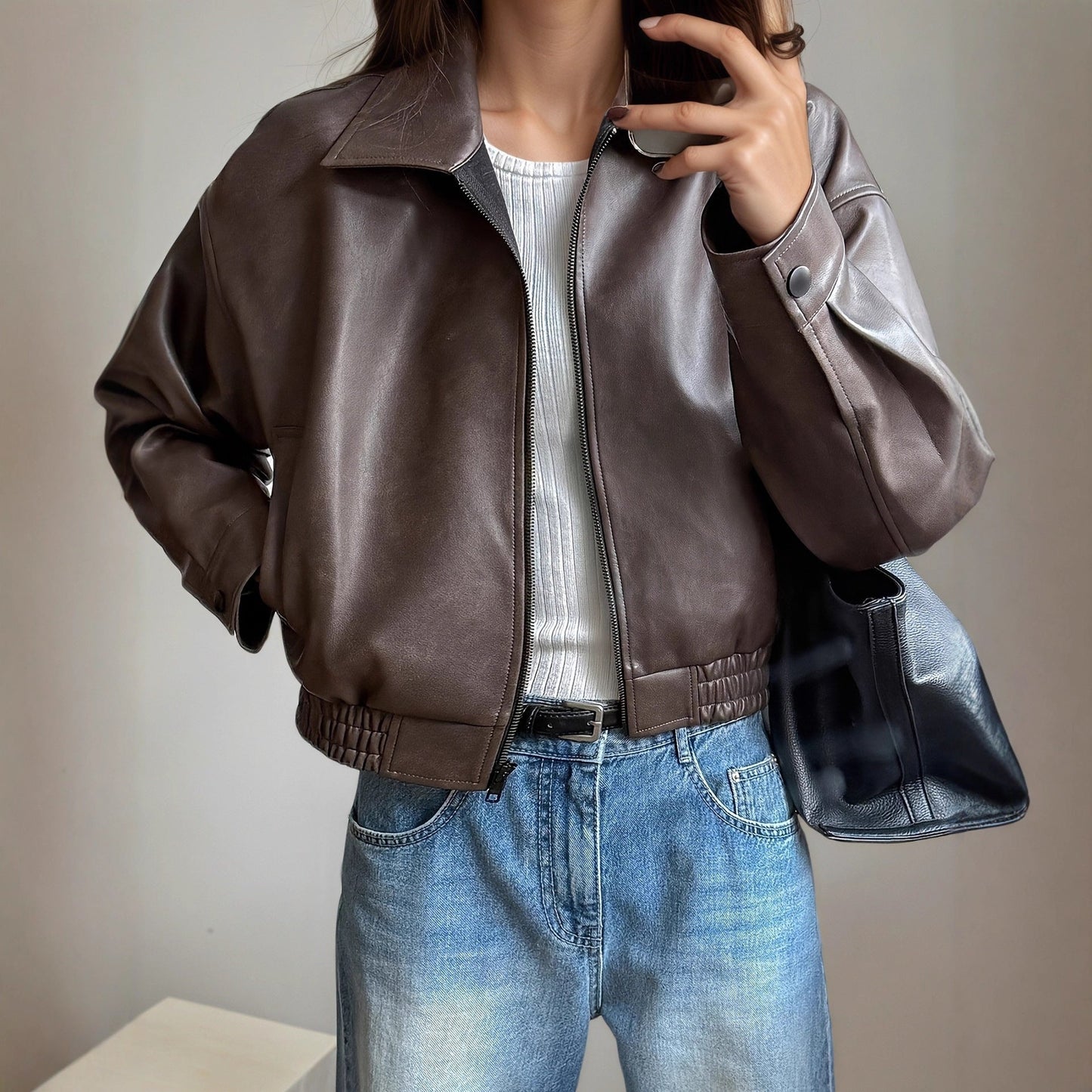 Chaqueta Cuero Mujer con Mangas Largas Elegante