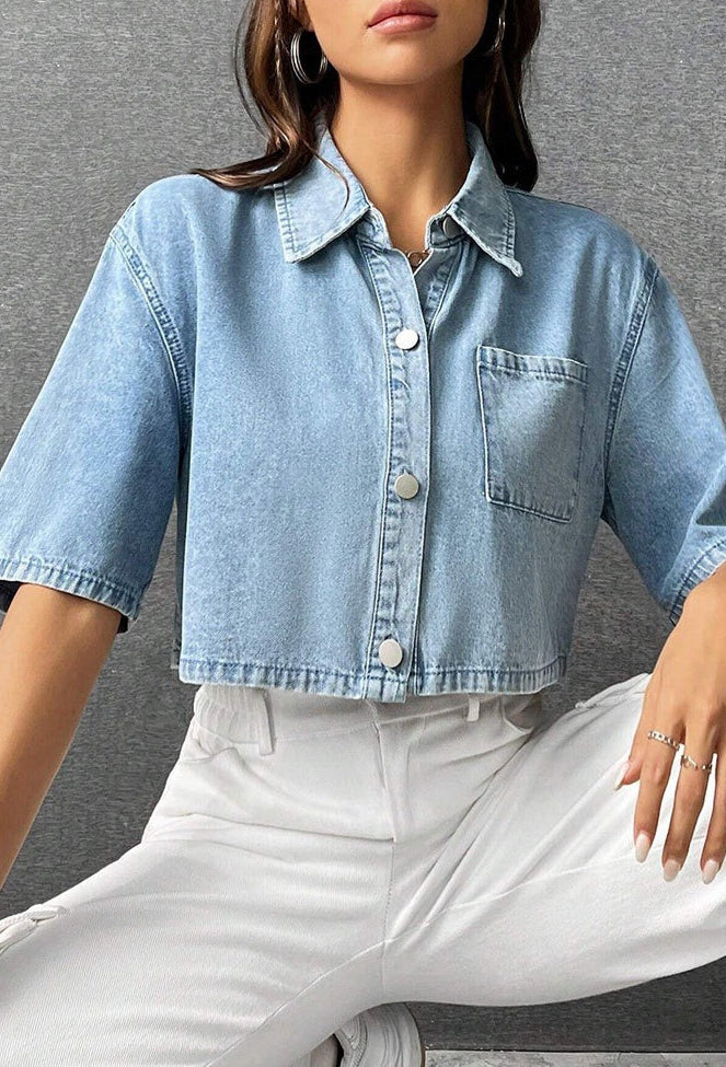 Camisa denim mujer casual con bolsillo - Vestiria