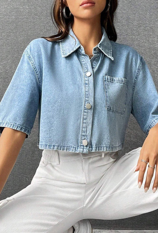 Camisa denim mujer casual con bolsillo - Vestiria