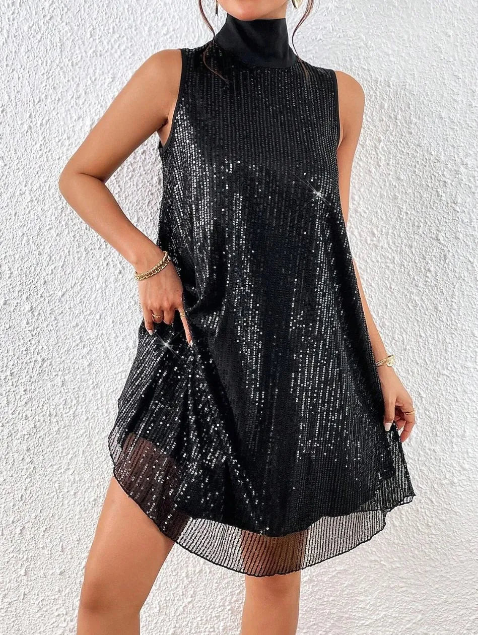 Vestido Mujer Lentejuelas Cuello Alto Glamouroso - Vestiria