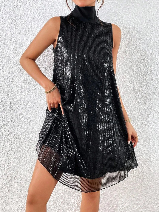 Vestido Mujer Lentejuelas Cuello Alto Glamouroso - Vestiria