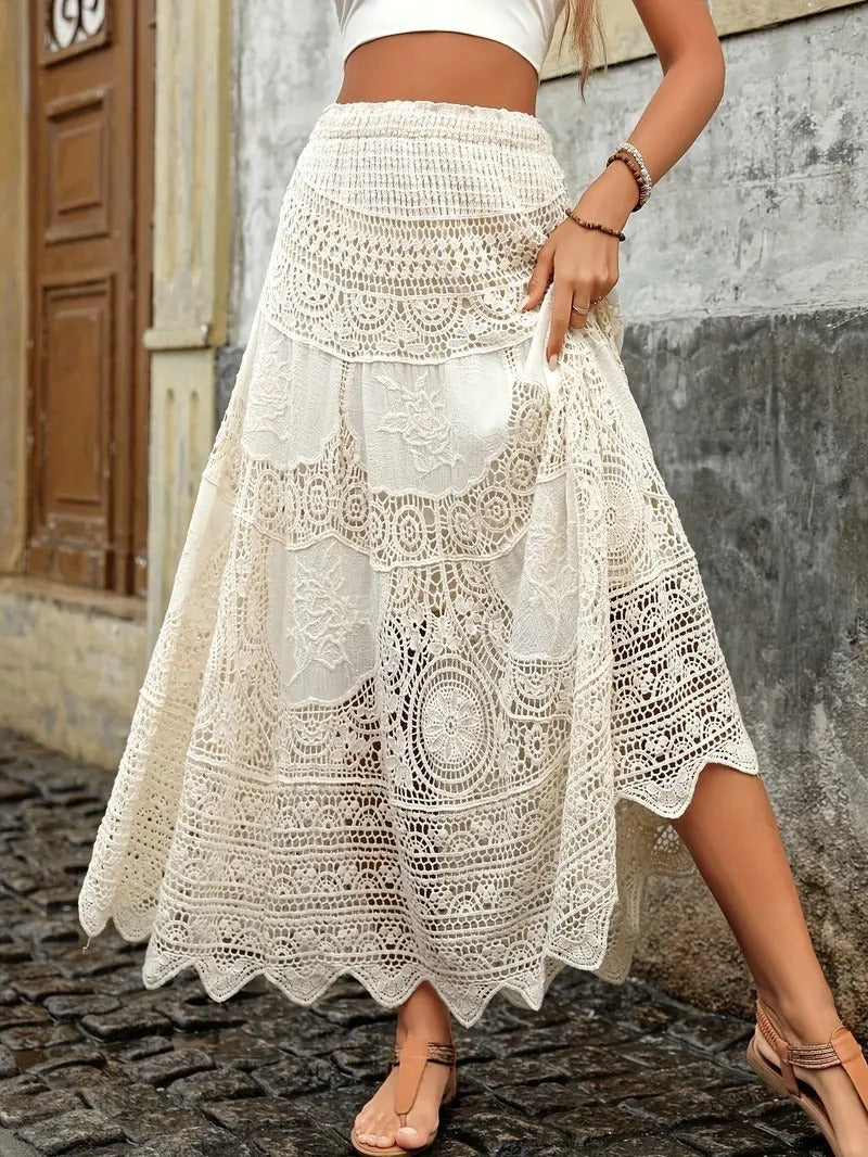 Falda maxi mujer encaje floreado estilo hippie