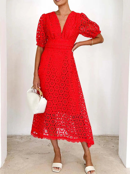 Vestido Midi Encaje Elegante Mangas Voladas - Vestiria