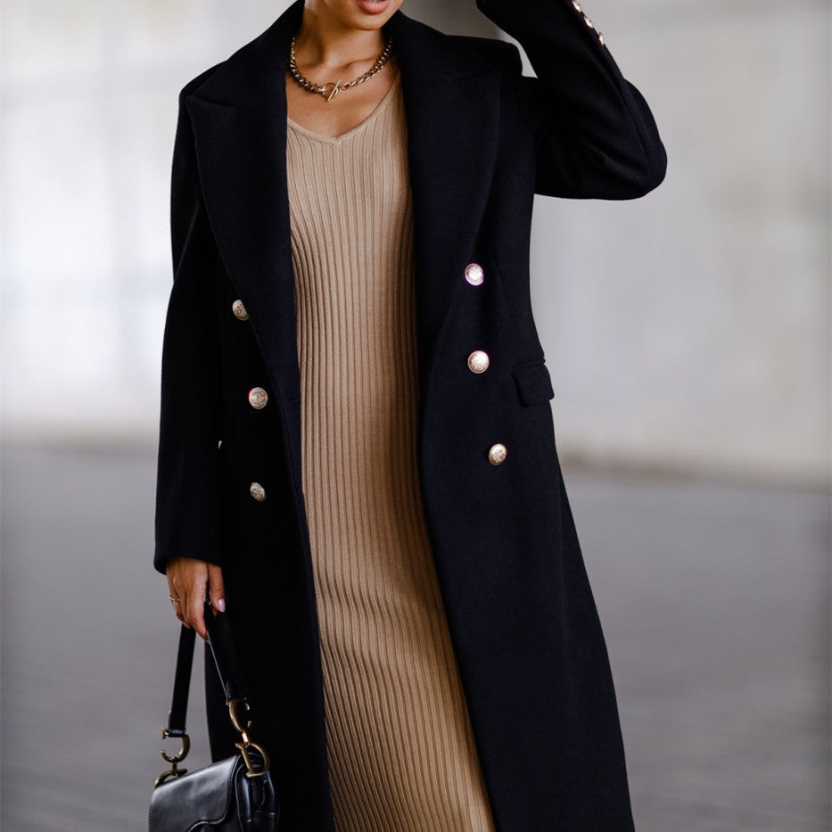 Abrigo Femenino Largo y Elegante de Lana Mezcla
