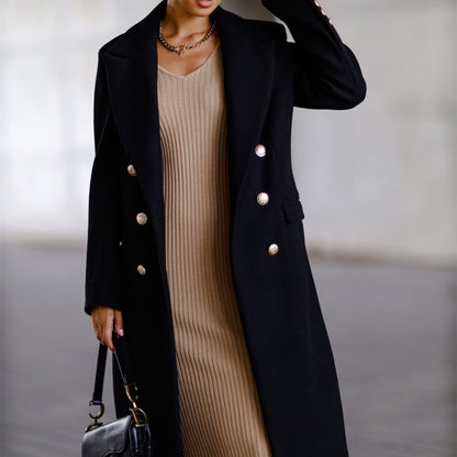 Abrigo Femenino Largo y Elegante de Lana Mezcla