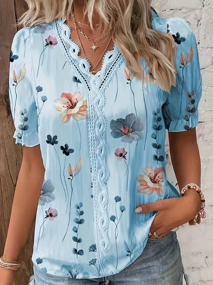 Blusa Floral Mujer Elegante Cuello Pico