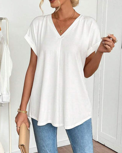 Camiseta Mujer Escote V con Mangas Cortas Casual - Vestiria