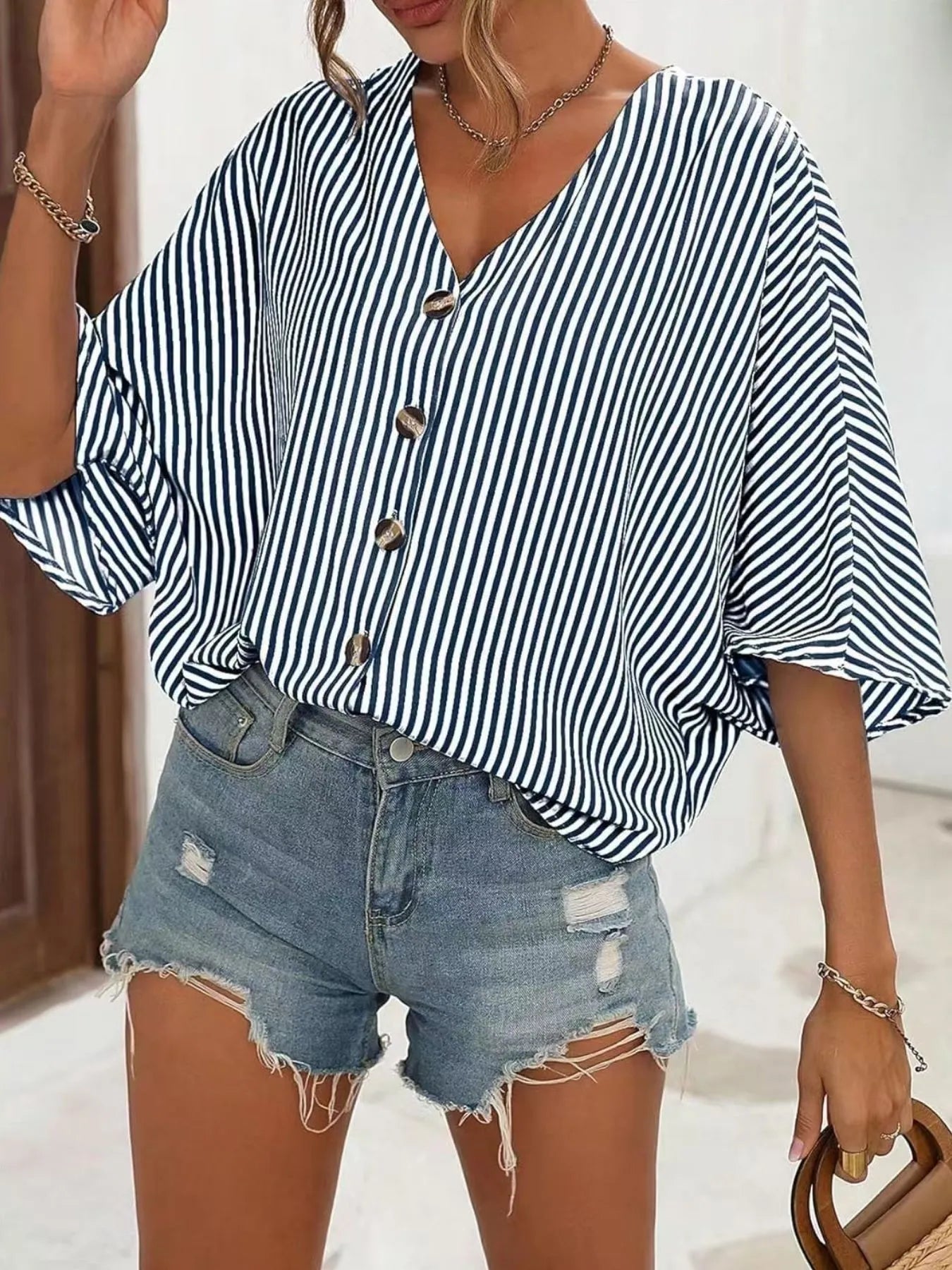 Camisa Rayas Cuello en V Moda