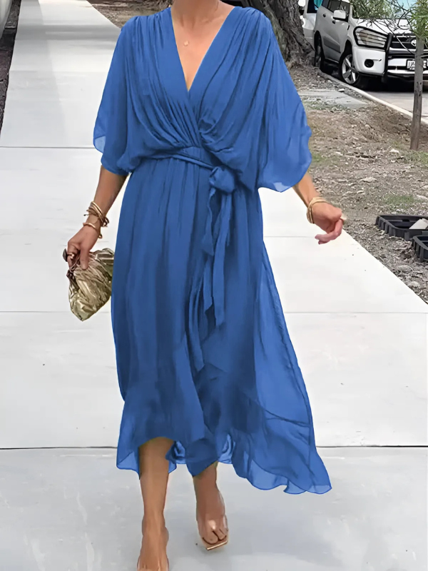 Vestido Midi Elegante con Cinturón Cadera Alta