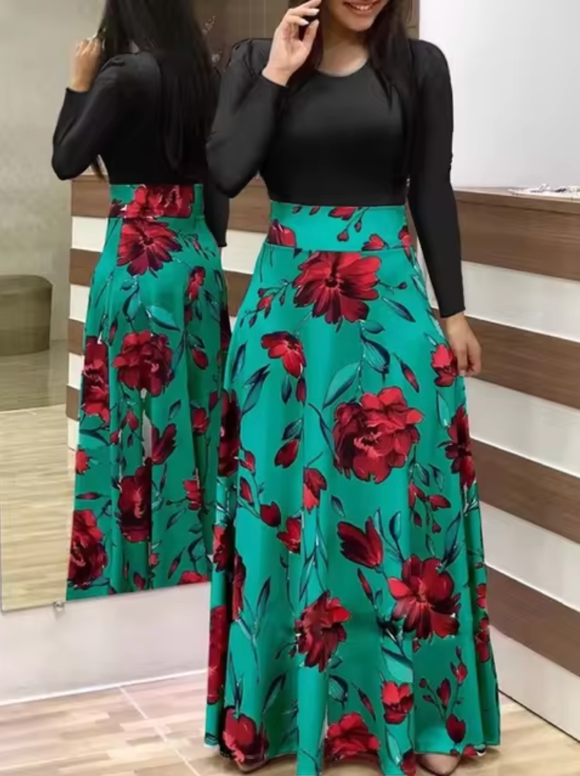 Vestido Floral Mujer Manga Larga Elegante