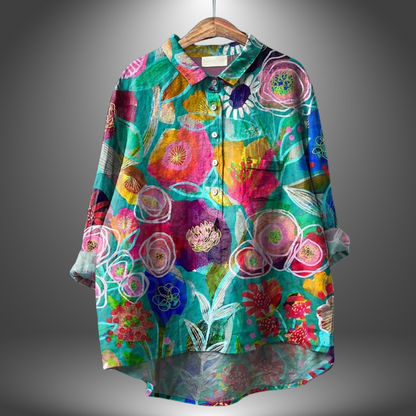 Blusa suelta de mujer estampada colorida cuello redondo