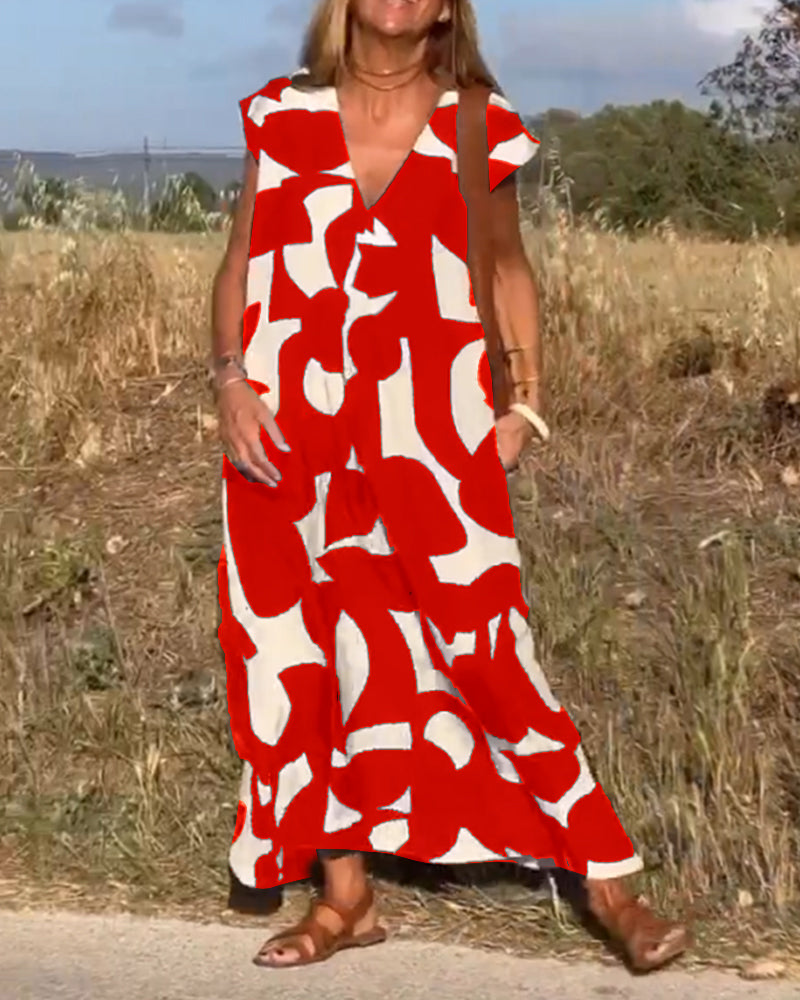 Vestido cómodo estampado con escote en V femenino