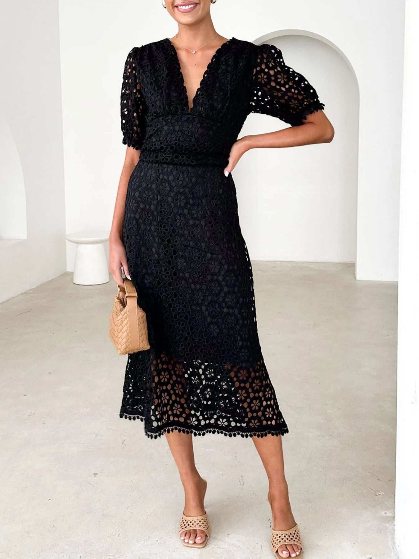 Vestido Midi Encaje Elegante Mangas Voladas