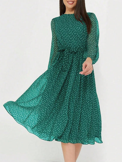 Vestido Midi con Mangas Largas y Lunares Elegante