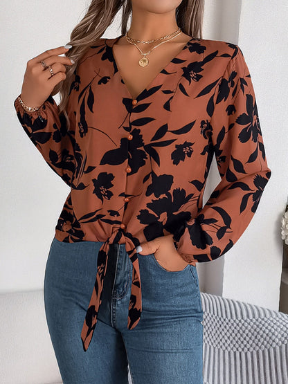 Blusa Floral Elegante Cuello Pico Manga Larga