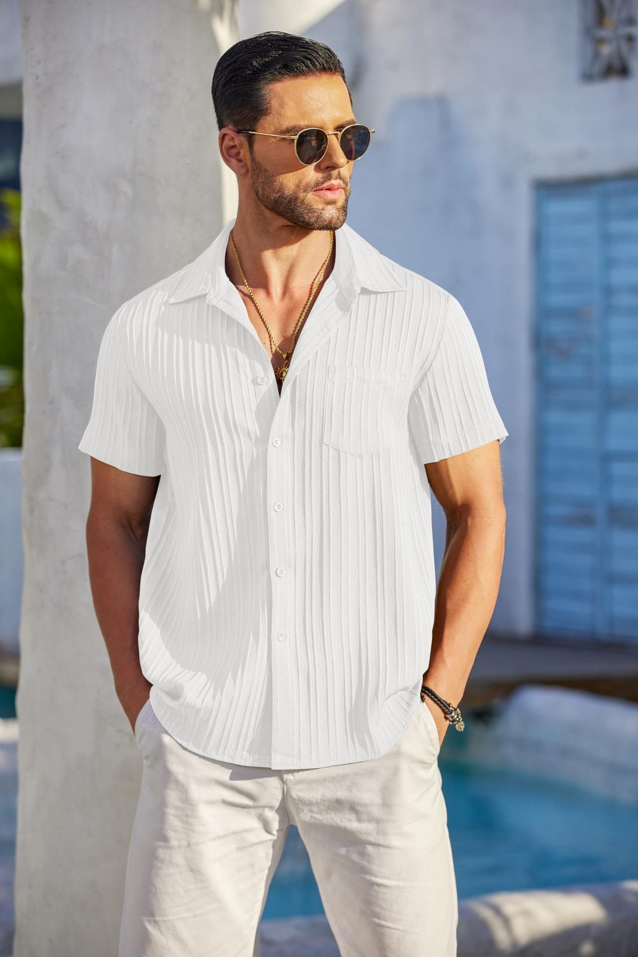Camisa Hombre Verano Manga Corta Acanalada Blanca - Vestiria