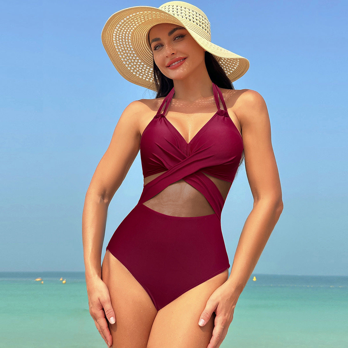 Traje de baño mono color liso con tirantes cruzados