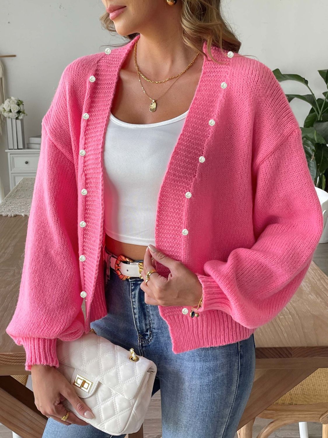Cárdigan Mujer Elegante con Perlas Abierto