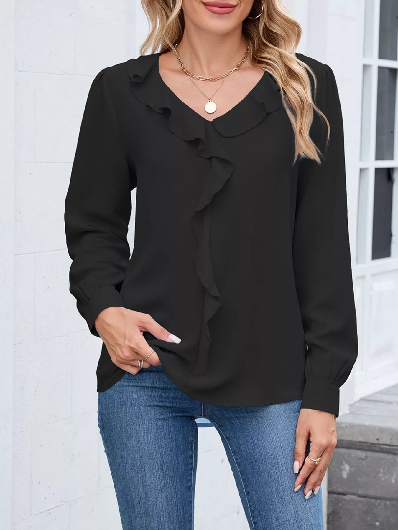 Blusa Mujer Elegante Cuello V y Volantes - Vestiria