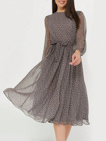 Vestido Midi con Mangas Largas y Lunares Elegante - Vestiria