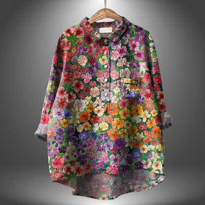 Blusa suelta de mujer estampada colorida cuello redondo
