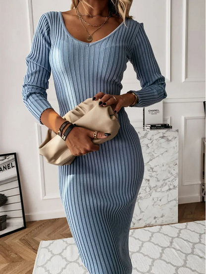 Vestido Punto Mujer Cuello V Manga Larga