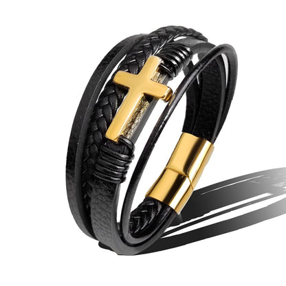 Pulsera Hombre Cuero Trenzado con Cruz Metálica