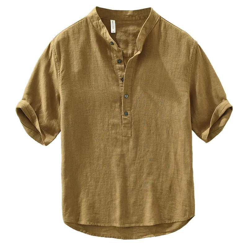 Camisa Lino Hombre Cuello Mao Estilo Relajado