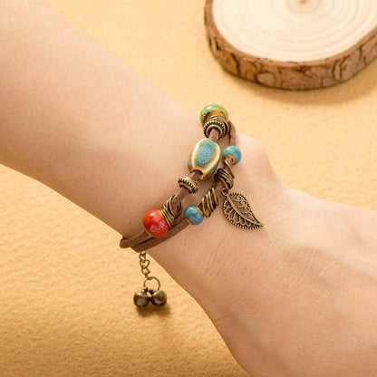 Pulsera Mujer Cuero Natural con Cuentas Coloridas - Vestiria