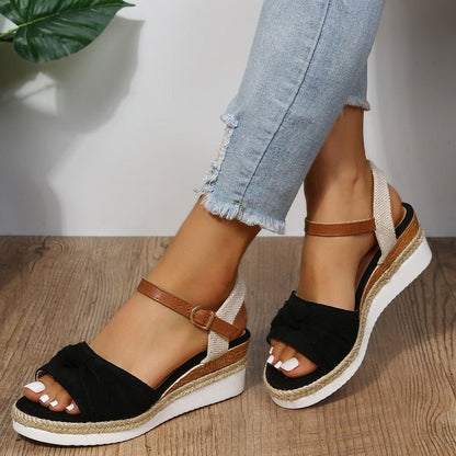Sandalias Mujer Lona Con Lazo Alto Estilo Verano