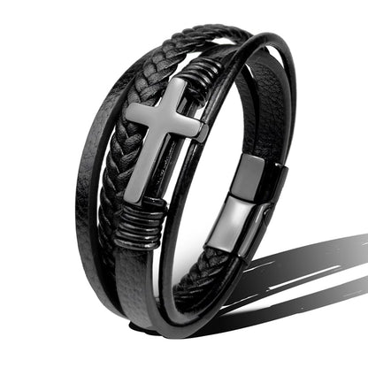 Pulsera Hombre Cuero Trenzado con Cruz Metálica