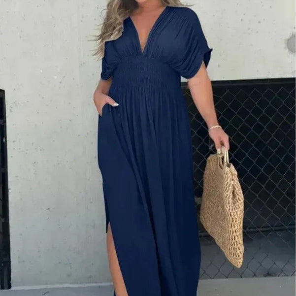 Vestido Mujer Largo Escote V Cintura Fruncida Elegante