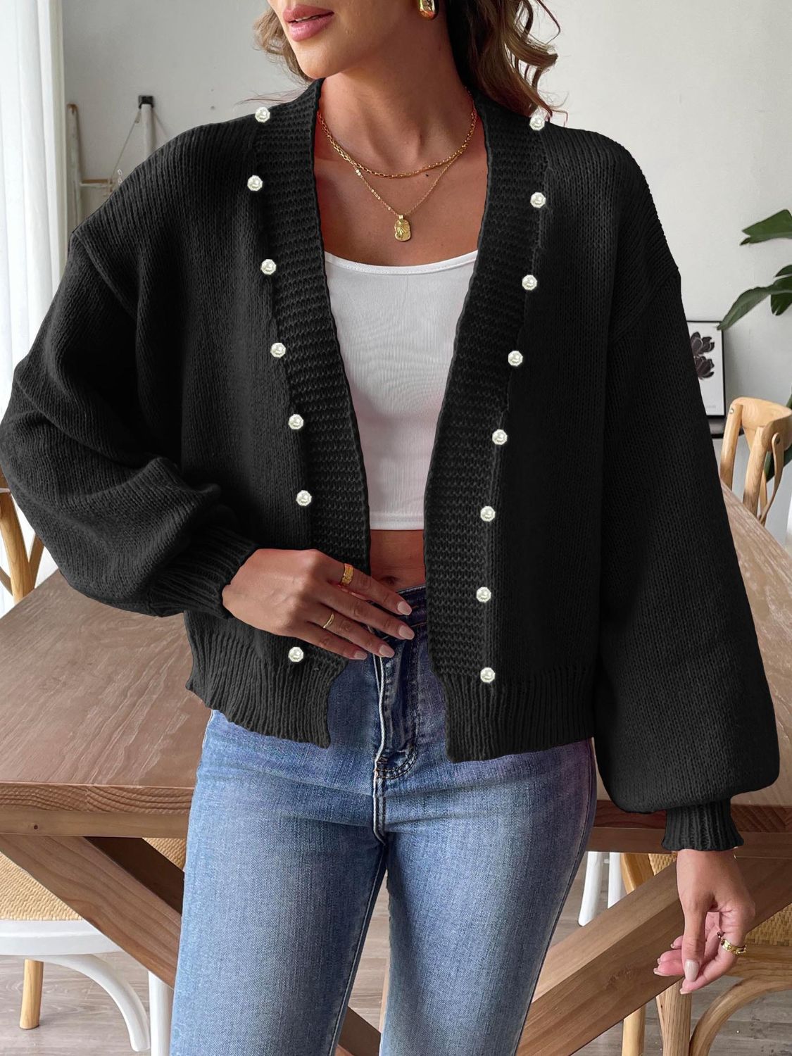 Cárdigan Mujer Elegante con Perlas Abierto