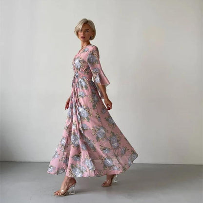 Vestido Floral Midi Elegante Escote V