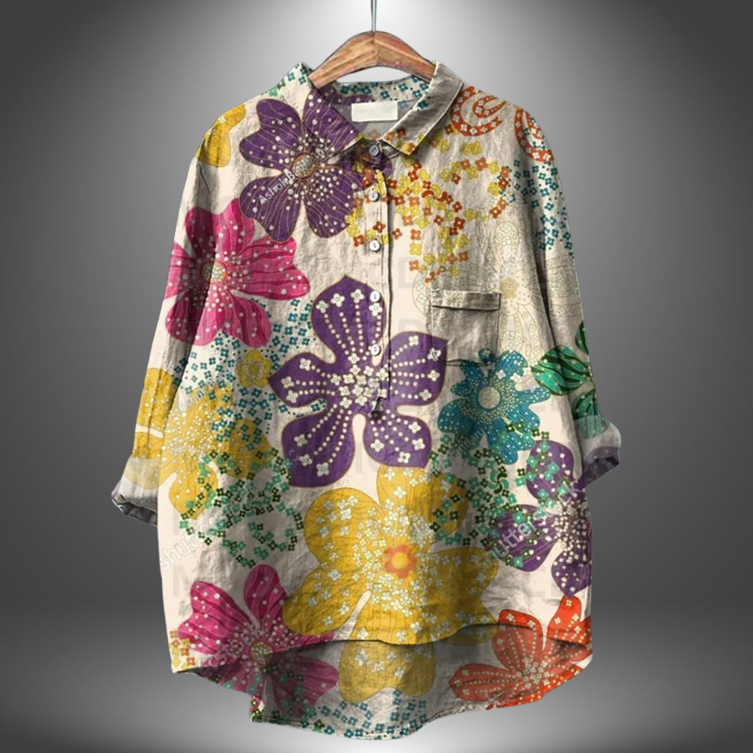 Blusa suelta de mujer estampada colorida cuello redondo