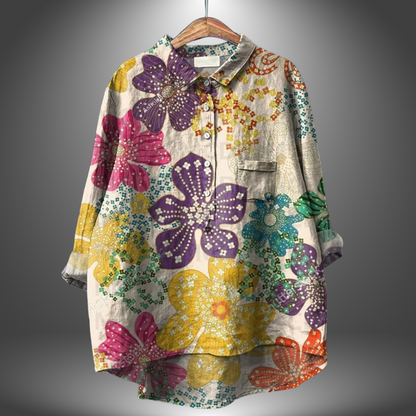 Blusa suelta de mujer estampada colorida cuello redondo