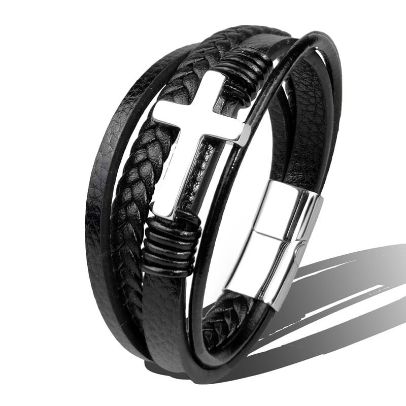 Pulsera Hombre Cuero Trenzado con Cruz Metálica