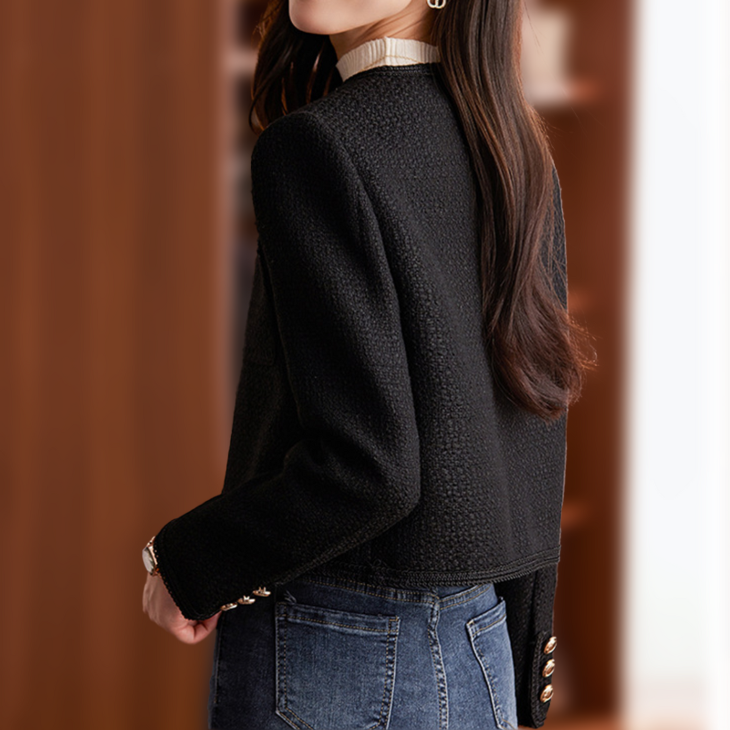 Chaqueta tweed femenina elegante clásica