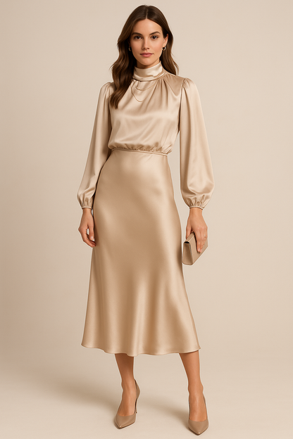 Vestido Mujer Satín Elegante Cintura - Vestiria